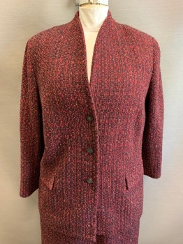 DANA BUCHMAN, Black, Red, Yellow, Wool, Tweed, V-neck, Single Breasted, Button Front, 2 Faux Pockets