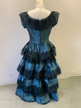 MTO, Teal Blue, Black, Silk, Synthetic, Solid, Made To Order, Multiple Tier Skirt with Black Lace, Iridescent Silk, Bodice with V Front, Wide Neck with Black Lace, Short Sleeves, Cartridge Pleated Skirt, 1830s, Ball Gown, Hook & Eye Tape Center Back, Lightly Boned Bodice, Inner Ties Center Back to Pull Neckline Tighter to the Bust, Historical Fantasy