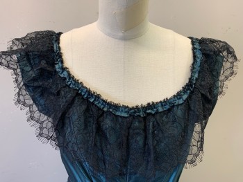 Womens, Historical Fiction Dress, MTO, Teal Blue, Black, Silk, Synthetic, Solid, W29, B38, Made To Order, Multiple Tier Skirt with Black Lace, Iridescent Silk, Bodice with V Front, Wide Neck with Black Lace, Short Sleeves, Cartridge Pleated Skirt, 1830s, Ball Gown, Hook & Eye Tape Center Back, Lightly Boned Bodice, Inner Ties Center Back to Pull Neckline Tighter to the Bust, Historical Fantasy