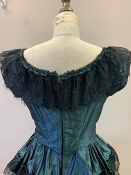 MTO, Teal Blue, Black, Silk, Synthetic, Solid, Made To Order, Multiple Tier Skirt with Black Lace, Iridescent Silk, Bodice with V Front, Wide Neck with Black Lace, Short Sleeves, Cartridge Pleated Skirt, 1830s, Ball Gown, Hook & Eye Tape Center Back, Lightly Boned Bodice, Inner Ties Center Back to Pull Neckline Tighter to the Bust, Historical Fantasy