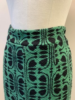 Womens, Skirt, Knee Length, MAEVE, Green, Black, Synthetic, Abstract , S, Textured Jersey, Pencil Skirt, 2" Wide Waistband, Small Notch at Center Front Hem, Invisible Zipper in Back