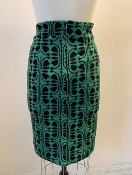 Womens, Skirt, Knee Length, MAEVE, Green, Black, Synthetic, Abstract , S, Textured Jersey, Pencil Skirt, 2" Wide Waistband, Small Notch at Center Front Hem, Invisible Zipper in Back