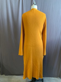 MOTH, Ochre Brown-Yellow, Rayon, Nylon, Solid, Ribbed Knit, Button Front, Long Sleeves, V-neck, Long, Side Seam Slits