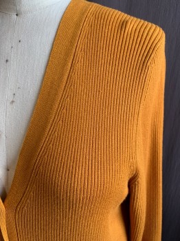 MOTH, Ochre Brown-Yellow, Rayon, Nylon, Solid, Ribbed Knit, Button Front, Long Sleeves, V-neck, Long, Side Seam Slits