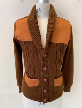 Mens, Sweater, N/L, Brown, Chestnut Brown, Wool, Suede, Color Blocking, Cable Knit, Ch 38, Cardigan, Long Sleeves, Shawl Collar, Suede Panels At Each Side Of Upper Front, & Accents On 2 Hip Pockets