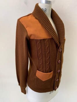 Mens, Sweater, N/L, Brown, Chestnut Brown, Wool, Suede, Color Blocking, Cable Knit, Ch 38, Cardigan, Long Sleeves, Shawl Collar, Suede Panels At Each Side Of Upper Front, & Accents On 2 Hip Pockets