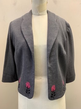 Womens, Blazer, NL, Dk Gray, Hot Pink, Wool, 2 Color Weave, W: 30, B: 36, Shawl Lapel with a Dent (Not Quite Notch), Open Front, Hot Pink Tulip Flowers with Black Stems Along Waist