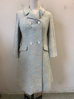 Womens, Coat, SHAGMOOR, Lt Blue, White, Pink, Orange, Wool, Tweed, B: 38, Collar Attached, Double Breasted, Button Front & Snap Front, 2 Pockets, Belted Sides