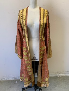 Womens, Sci-Fi/Fantasy Coat/Robe, N/L MTO, Terracotta Brown, Yellow, Gold, Black, Silk, Swirl , B30-32, XS, Brocade, Flared Long Sleeves Split at Outseam Shoulder, Open Front with No Closures, Intricate Layers of Swirled Appliques, Asian Influenced, Mid Calf Length, Made To Order Fantasy