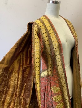 Womens, Sci-Fi/Fantasy Coat/Robe, N/L MTO, Terracotta Brown, Yellow, Gold, Black, Silk, Swirl , B30-32, XS, Brocade, Flared Long Sleeves Split at Outseam Shoulder, Open Front with No Closures, Intricate Layers of Swirled Appliques, Asian Influenced, Mid Calf Length, Made To Order Fantasy