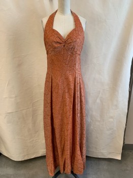 Womens, Evening Gown, TONY DECENA, Orange, Silver, Iridescent Blue, Synthetic, Speckled, Swirl , W:24, B:32, Late 1960's, Jersey with Sparkly Metallic Threads Throughout, Self Swirl Pattern, Halter Straps on Sweetheart Bust, Ruched at Center Front Bust, Empire Waist, Fabric Buttons at Back Waist, Ankle Length