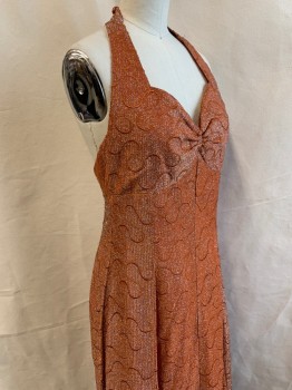 TONY DECENA, Orange, Silver, Iridescent Blue, Synthetic, Speckled, Swirl , Late 1960's, Jersey with Sparkly Metallic Threads Throughout, Self Swirl Pattern, Halter Straps on Sweetheart Bust, Ruched at Center Front Bust, Empire Waist, Fabric Buttons at Back Waist, Ankle Length