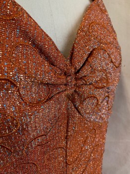 TONY DECENA, Orange, Silver, Iridescent Blue, Synthetic, Speckled, Swirl , Late 1960's, Jersey with Sparkly Metallic Threads Throughout, Self Swirl Pattern, Halter Straps on Sweetheart Bust, Ruched at Center Front Bust, Empire Waist, Fabric Buttons at Back Waist, Ankle Length