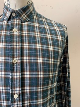 Basco, Teal Blue, Brown, White, Cotton, Wood, Plaid, L/S, Button Front, Collar Attached,