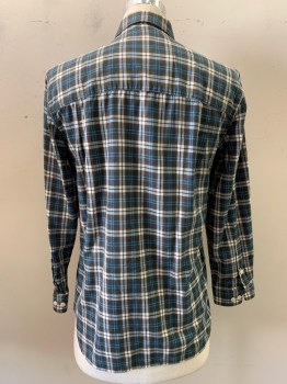 Basco, Teal Blue, Brown, White, Cotton, Wood, Plaid, L/S, Button Front, Collar Attached,