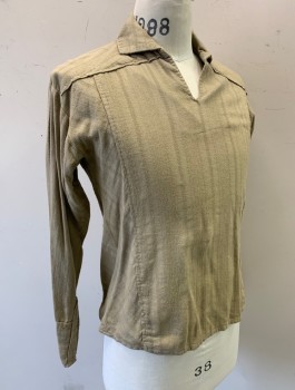 Mens, Historical Fiction Shirt, N/L MTO, Beige, Cotton, Solid, 36, XS, Gauze with Self Stripe Texture, Long Sleeves, Collar Attached, Notched Neck, Lightly Aged/Worn Look, Historical Fantasy, Peasant, Made To Order