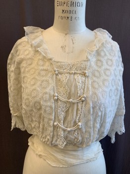 Womens, Blouse 1890s-1910s, N/L, White, Cotton, Solid, 28, B 34, Floral Lace on Mesh, 2 Layers, Boat Neck, Mesh Collar with Embroidery Trim, Gathered Mesh Front Panel with Lace Trim, Snap Center Back, Dolman 3/4 Sleeve with Solid Mesh Cuff and Lace Trim, Crochet Knot and Tie Front Detail, Mesh Peplum