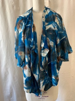 TWELVE BY TWELVE, Blue, Brown, White, Polyester, Abstract , Stripes, Folding Hand Fan Pattern, Draped Open Front, Short Sleeves, Shorter on Back