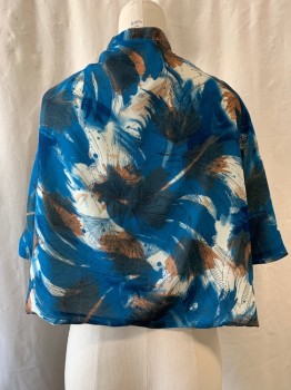 Womens, Casual Jacket, TWELVE BY TWELVE, Blue, Brown, White, Polyester, Abstract , Stripes, S, Folding Hand Fan Pattern, Draped Open Front, Short Sleeves, Shorter on Back