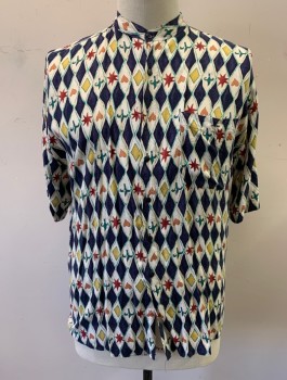 Mens, Casual Shirt, RINGO SPORT, Navy Blue, Ecru, Multi-color, Rayon, Novelty Pattern, XL, Harlequin Diamonds with Stars, Hearts, Fleur De Lis Multicolor Shapes, Short Sleeves, Band Collar, Button Front, 1 Patch Pocket,