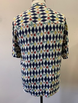 Mens, Casual Shirt, RINGO SPORT, Navy Blue, Ecru, Multi-color, Rayon, Novelty Pattern, XL, Harlequin Diamonds with Stars, Hearts, Fleur De Lis Multicolor Shapes, Short Sleeves, Band Collar, Button Front, 1 Patch Pocket,
