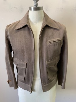 Mens, Jacket, RANGER WHIPCORD, Lt Brown, Polyester, Solid, 40R, Long Sleeves, Zip Front, Brass Hardware, Zipper Chest Pocket, 2 Patch Pockets with Button Flaps, 2 Buttons Per Sleeve, Back Pleats, Waist Adjusters with Snaps, 1950s