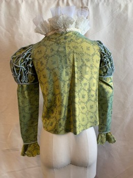 Womens, Historical Fiction Blouse, MTO, Lt Green, Lt Blue, Dk Green, Off White, White, Polyester, Buckram, Floral, B34, Snap Front, Light Blue Pipe Trim and Braided Detail on Shoulders, Ruffle White Buckram and Off White Lace Ruffle at Neck, Long Sleeves