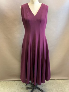 CALVIN KLEIN, Aubergine Purple, Polyester, Spandex, Solid, Crepe, V-neck, Vertical Panels Throughout, A-Line, Hem Below Knee, Exposed Gold Zipper with Large Circular Pull at Center Back