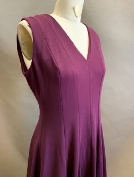 CALVIN KLEIN, Aubergine Purple, Polyester, Spandex, Solid, Crepe, V-neck, Vertical Panels Throughout, A-Line, Hem Below Knee, Exposed Gold Zipper with Large Circular Pull at Center Back