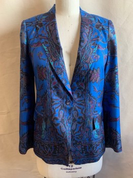 Womens, Blazer, KOBI HALPERIN, Blue, Black, Sky Blue, Purple, Dk Gray, Silk, Polyester, Abstract , Paisley/Swirls, M, Single Breasted, 1 Covered Button, Peaked Lapel, 2 Pockets, 5 Covered Buttons Cuff