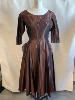 Womens, Cocktail Dress, MTO, Copper Metallic, Polyester, Solid, W27, B38, 3/4 Sleeves, Side Zipper, Scoop Neck, Self Piping on Bodice, Semi Circle on Skirt Hip,
