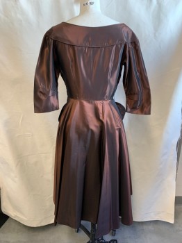 Womens, Cocktail Dress, MTO, Copper Metallic, Polyester, Solid, W27, B38, 3/4 Sleeves, Side Zipper, Scoop Neck, Self Piping on Bodice, Semi Circle on Skirt Hip,