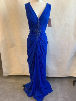 Womens, Evening Gown, TADASHI SHOJI, Royal Blue, Polyester, Solid, 4, V-neck, Sleeveless Large Center Front Mesh Coverred Rhinestone Detail, Gathered Bust & Waist, Ruched Center Back with Zipper