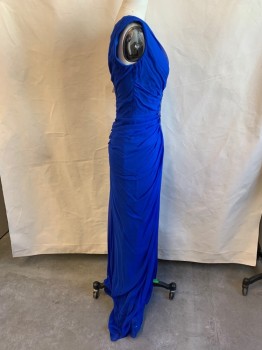 Womens, Evening Gown, TADASHI SHOJI, Royal Blue, Polyester, Solid, 4, V-neck, Sleeveless Large Center Front Mesh Coverred Rhinestone Detail, Gathered Bust & Waist, Ruched Center Back with Zipper