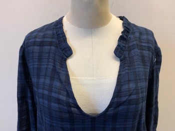 DOLAN, Navy Blue, Blue, Cotton, Rayon, Plaid, Pullover, 3/4 Sleeves with Ruffle, Solid Navy Back