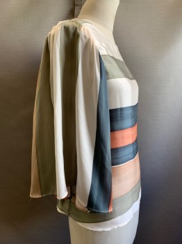 ZARA, Pearl White, Sage Green, Champagne, Rose Pink, Steel Blue, Polyester, Stripes - Horizontal , S/S, Crew Neck, Wide Sleeves, Waist Tie