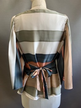 ZARA, Pearl White, Sage Green, Champagne, Rose Pink, Steel Blue, Polyester, Stripes - Horizontal , S/S, Crew Neck, Wide Sleeves, Waist Tie