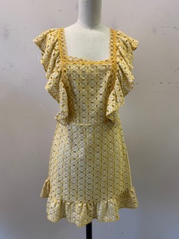 TOP SHOP, Yellow, White, Polyester, Cotton, Floral, Square Neck, Circle Trim, Eyelet Lace, Ruffle Sleeves and Sides, Keyhole Back, Elastic Waistband, Tie at Back By Keyhole, Ruffle Hem,