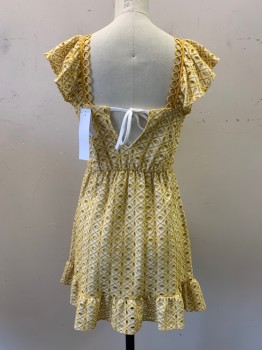 TOP SHOP, Yellow, White, Polyester, Cotton, Floral, Square Neck, Circle Trim, Eyelet Lace, Ruffle Sleeves and Sides, Keyhole Back, Elastic Waistband, Tie at Back By Keyhole, Ruffle Hem,