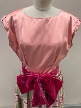 Womens, Evening Gown, N/L , Rose Pink, Silk, Rayon, Plaid, W28, B40, Jewel Neck Line, Cap Sleeves, With Epaulets  At Shoulder, CF Darts, Lt Pink,/Mauve,/White /& Lt  Green, Plaid At Skirt , Taffeta Fabric,   Attached Belt  Velvet Pink Bow,