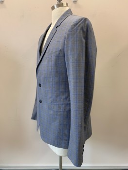 TED BAKER, Blue, Gray, Black, French Blue, Wool, Polyester, Glen Plaid, L/S, 2 Buttons, Single Breasted, Notched Lapel, 3 Pockets,