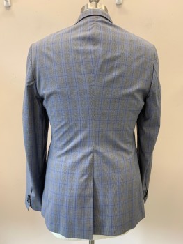 TED BAKER, Blue, Gray, Black, French Blue, Wool, Polyester, Glen Plaid, L/S, 2 Buttons, Single Breasted, Notched Lapel, 3 Pockets,