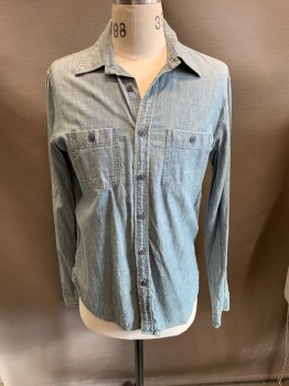 BROOKS BROTHERS, Denim Blue, Cotton, Solid, Chambray, Wash, 2 Pockets at CF,Button Down