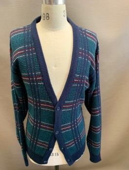 Mens, Sweater, JT BECKETT, Navy Blue, Turquoise Blue, Red, Gray, Acrylic, Plaid-  Windowpane, M, V Neck Cardigan 4 Button Colored. Waffle Knit, Solid Navy Trim.