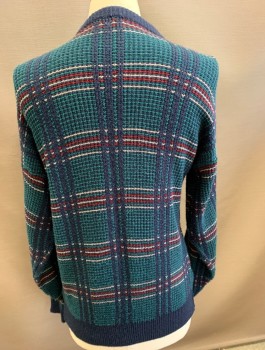 Mens, Sweater, JT BECKETT, Navy Blue, Turquoise Blue, Red, Gray, Acrylic, Plaid-  Windowpane, M, V Neck Cardigan 4 Button Colored. Waffle Knit, Solid Navy Trim.