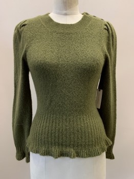 ANTHROPOLOGIE, Moss Green, Nylon, Wool, Solid, L/S, Crew Neck, Pleated Shoulders, 3 Buttons On Left Shoulder, Flared Bottom