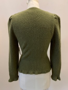 ANTHROPOLOGIE, Moss Green, Nylon, Wool, Solid, L/S, Crew Neck, Pleated Shoulders, 3 Buttons On Left Shoulder, Flared Bottom
