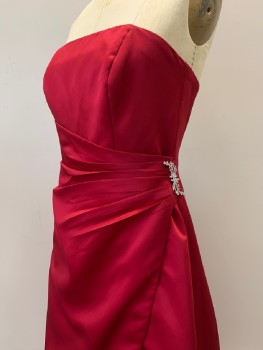 DAVID'S BRIDAL, Dk Red, Polyester, Solid, Satin, Strapless Gown with Draped Detail at Side, Silver Gemstone Brooch at Side, Floor Length, Boning, Back Zip
