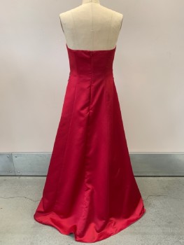 DAVID'S BRIDAL, Dk Red, Polyester, Solid, Satin, Strapless Gown with Draped Detail at Side, Silver Gemstone Brooch at Side, Floor Length, Boning, Back Zip