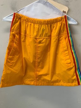 ROJAS, Orange, Multi-color, Nylon, Solid, Stripes, Orange Nylon Snap Front Skirt, Rainbow Side Stripes, 2 Welt Pocket, Elastic Waist